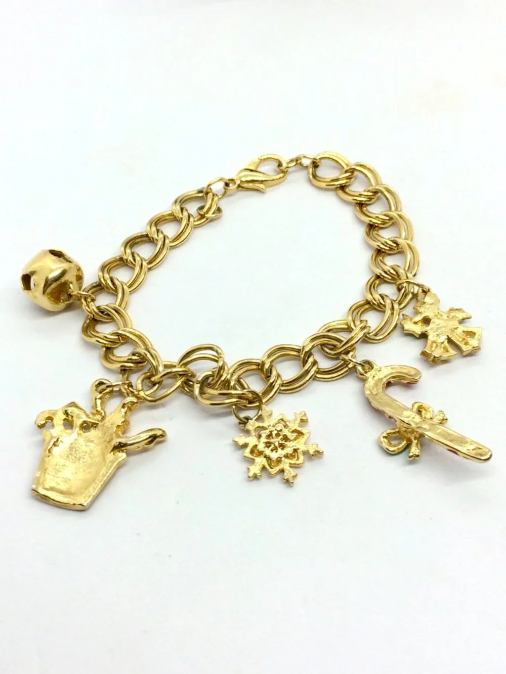 VINTAGE CHRISTMAS BRACELET Gold Tone Enamel Santa Candy Cane Bell Charms 90s